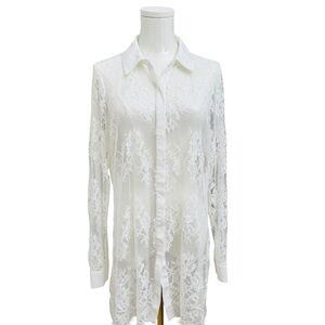 Jessica Simpson White Lace Button-Down Shirt Low-High Hem Size M